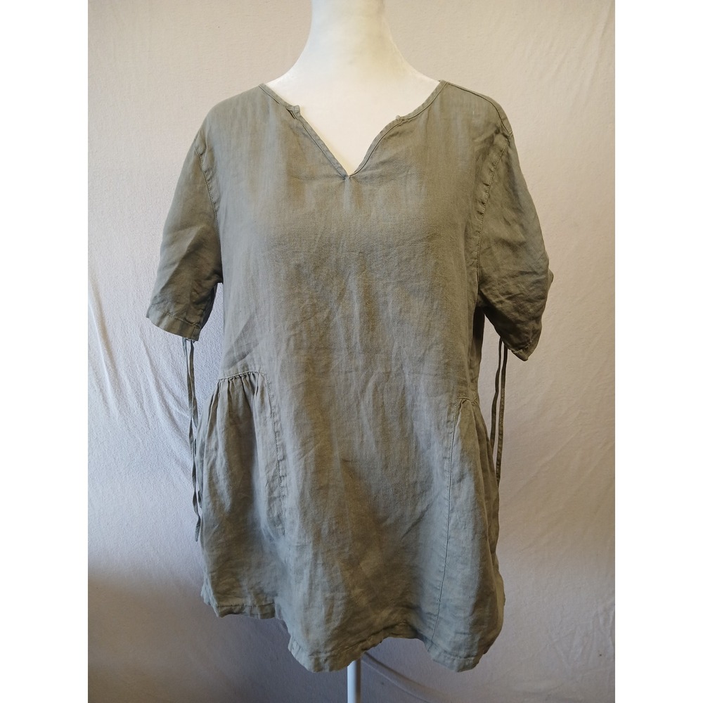 Sigrid Olsen 100% linen blouse lagenlook peasent medium sage green Tunic